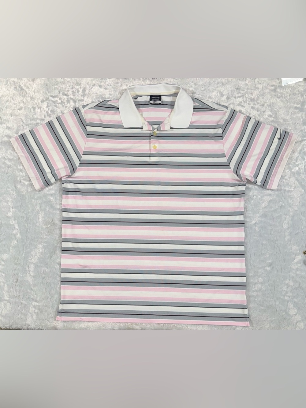 Nike Men's Striped Golf Polo in Pink, Gray & White